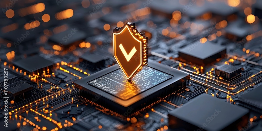 Poster a glowing shield symbol atop a microchip, representing cybersecurity and digital protection within a