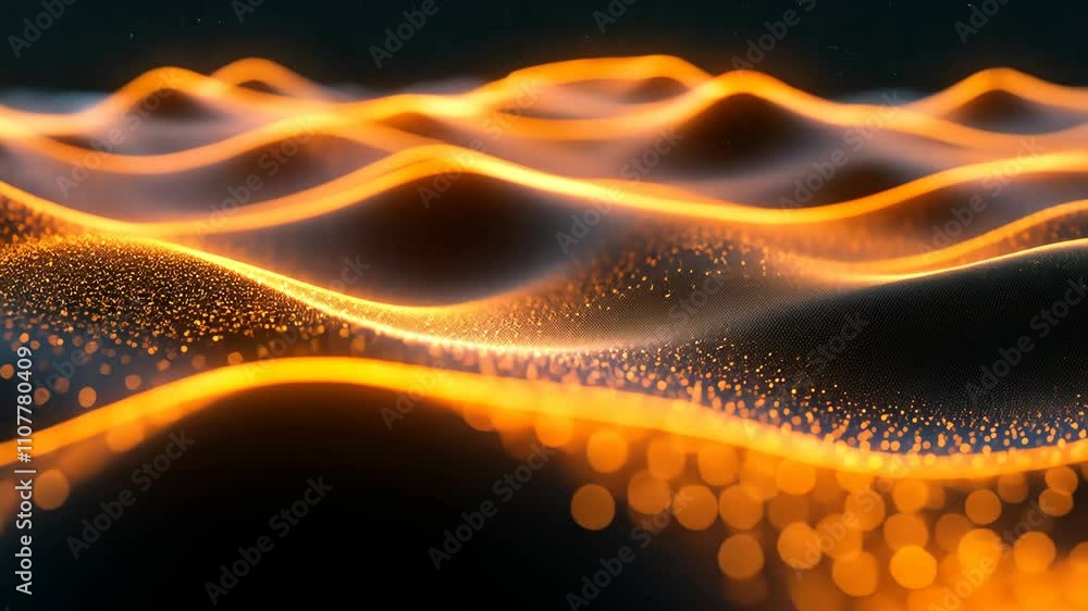 Poster abstract visualization of flowing orange waves with glowing particles in a dark space