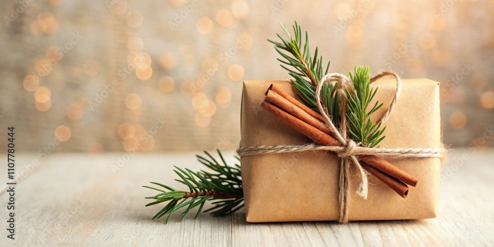 Poster a rustic christmas gift wrapped in brown paper, adorned with twine and cinnamon sticks, nestled amid