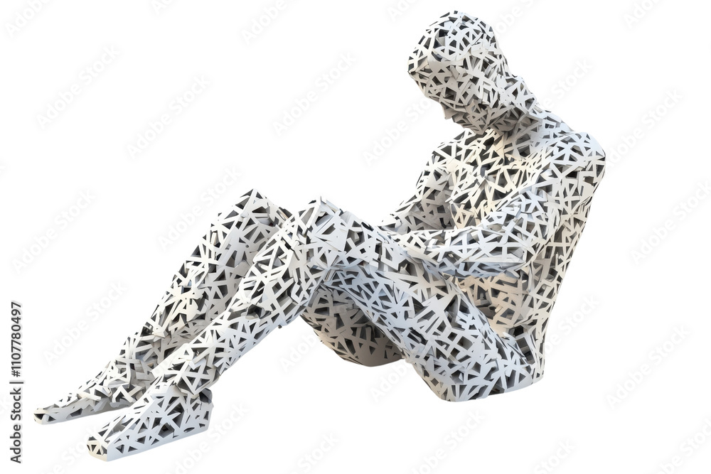 Poster a complex, abstract sculpture of a seated figure, featuring intricate patterns and a stylized, skele