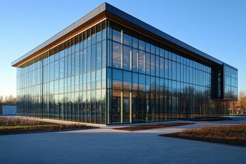 Fototapeta premium Exterior view of contemporary glass office building reflecting clear blue sky on bright sunny day