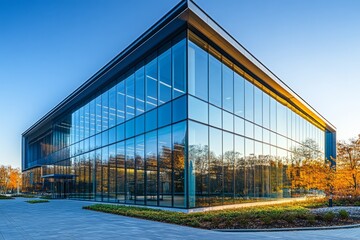 Obraz premium Exterior view of contemporary glass office building reflecting clear blue sky on bright sunny day
