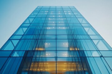 Obraz premium Glass facade of a modern office building reflecting the warm light of the setting sun