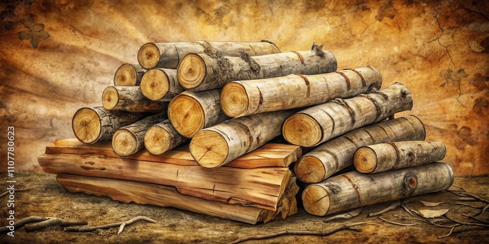 Poster a rustic arrangement of weathered logs stacked in a pyramid shape on a brown, textured background.