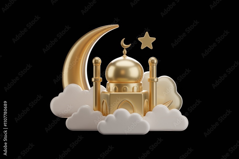 Poster golden mosque on clouds crescent moon and star; 3d rendering of islamic illustration