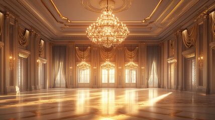 Obraz premium A wide shot of a grand ballroom featuring a gold chandelier adorned with delicate laurel wreath accents, the lighting creating an opulent ambiance