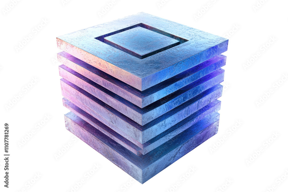 Poster a geometric stack of translucent, layered blocks with a glowing gradient effect, showcasing a modern