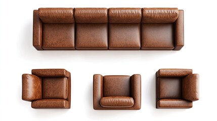 Obraz premium Stylish brown leather sofa set, featuring a spacious couch and two accent chairs, perfect for modern living spaces.