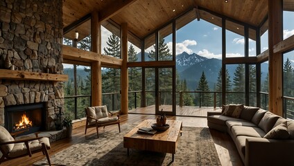 Fototapeta premium Mountain retreat with panoramic windows and deck.