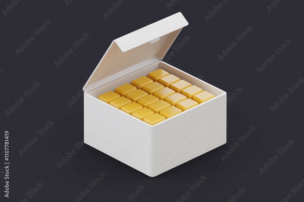 Poster a white box with its lid open revealing neatly arranged small yellow cubes inside