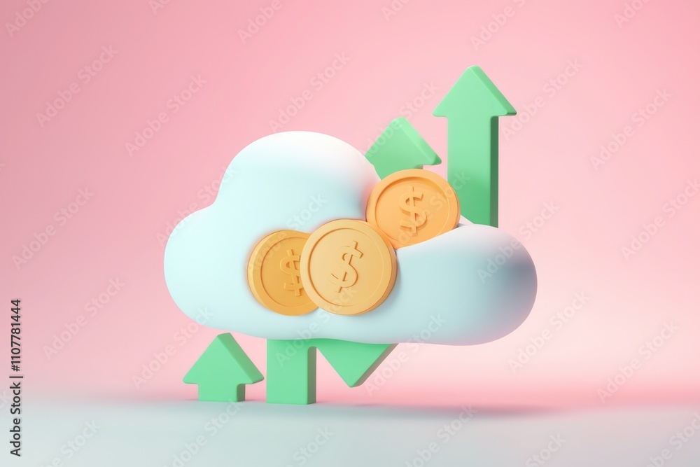 Poster cloud computing increases financial growth shown by rising arrows and coins