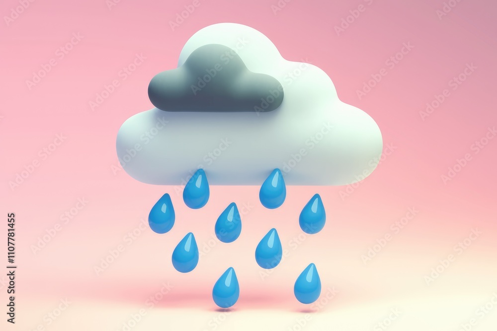Poster a 3d rendering of a cute cloud with rain drops falling on a pink background