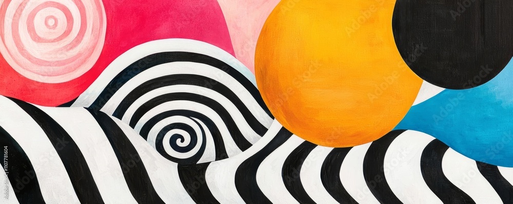 Poster vibrant abstract design featuring colorful shapes and wavy black and white patterns.