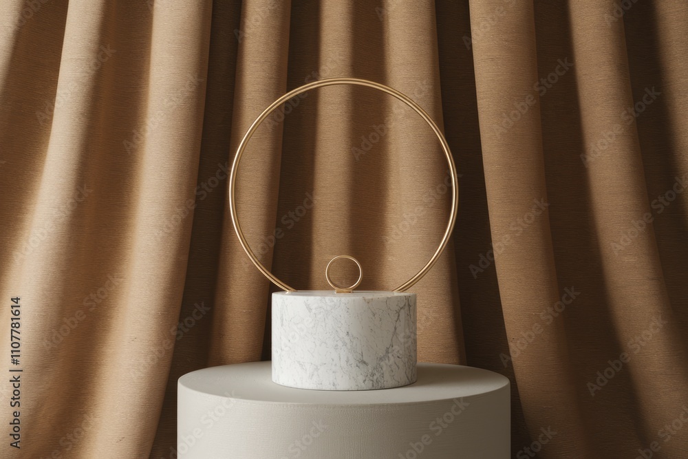 Aufkleber minimalist display with gold circle frame marble cylinder and beige backdrop