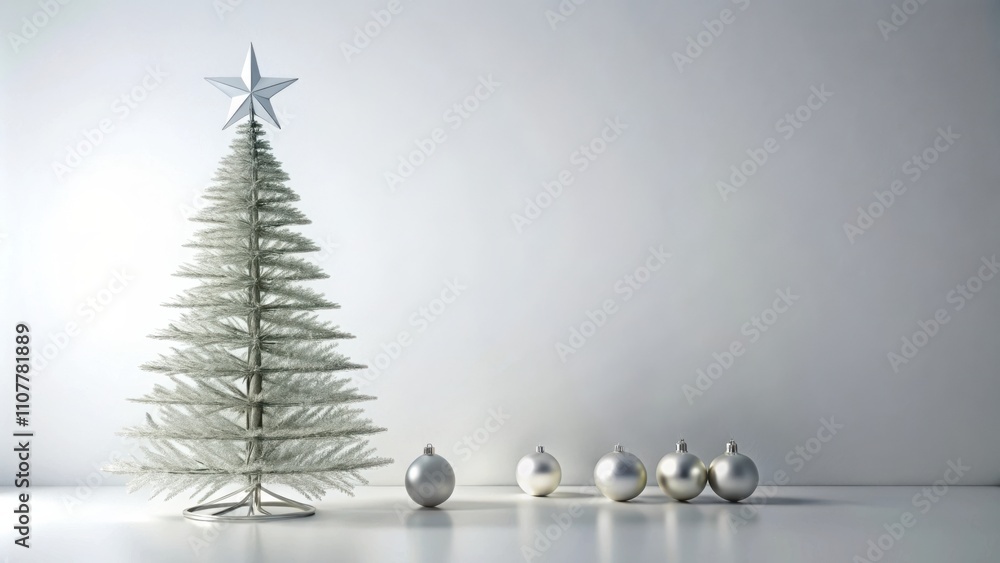 Fototapete a simple, silver christmas tree with a star on top stands in front of a white wall with four silver 