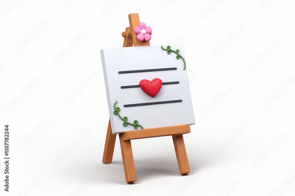Poster A miniature easel displays a heart on a white canvas adorned with a flower and vines