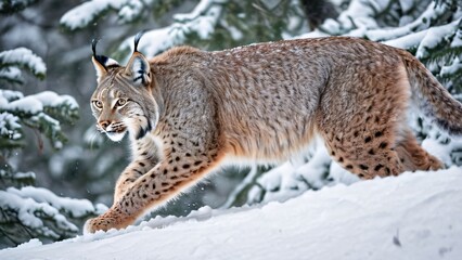 Fototapeta premium Lynx Stealthily Prowling Through Snowy Forest with Grace and Precision