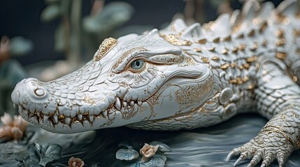 Fototapeta premium Ornate White Porcelain Crocodile Figurine Decor