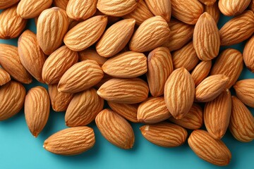 Fototapeta premium Close-up of numerous almonds scattered on a teal background.