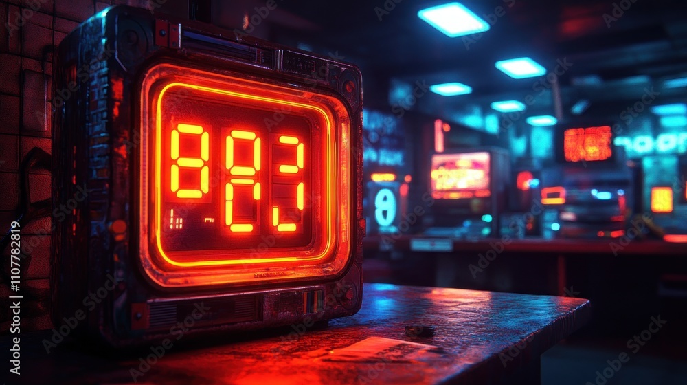 Poster retro futuristic digital clock displaying 802 in a neon-lit workshop.