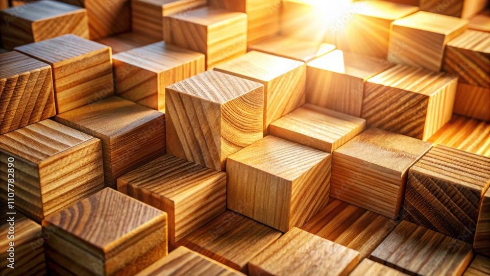 Poster a close-up of a wooden block structure with a warm sunlit glow, revealing intricate grain patterns a
