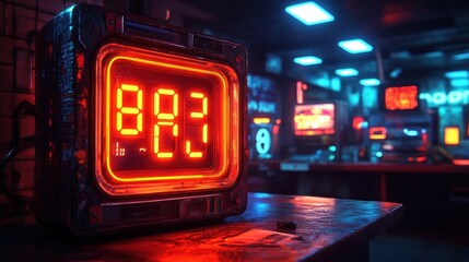 Retro futuristic digital clock displaying 802 in a neon-lit workshop.