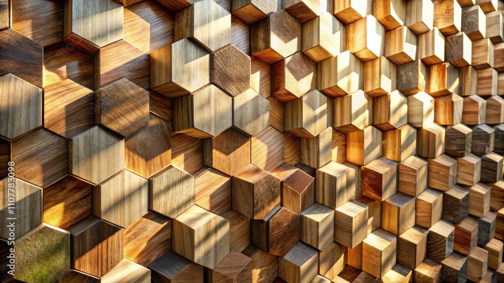 Poster a geometric wooden wall with hexagonal tiles, showcasing a pattern of light and shadow created by th