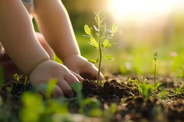 Fototapeta premium Baby planting young tree in fertile soil at sunset, promoting environmental awareness and sustainable future