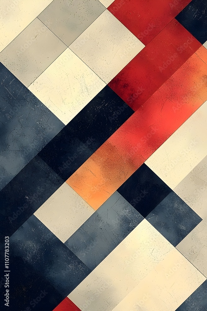 Aufkleber an abstract geometric composition featuring blocks of navy blue, cream, orange, and red, creating a 