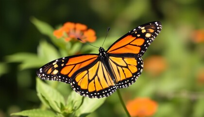Obraz premium A colorful monarch butterfly with orange wings, drinks nectar from a yellow flower in a summer garden