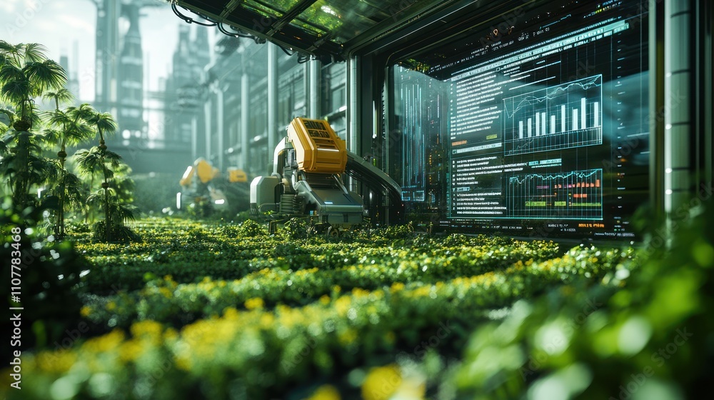 Poster futuristic indoor farm with robotic automation and data monitoring.