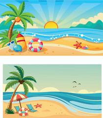 Obraz premium Tropical beach scenes with palm trees, sun and beach accessories