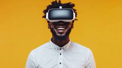 Obraz premium Black man experiencing virtual reality with vr glasses against a vibrant yellow technology background, showcasing immersive and futuristic digital experiences
