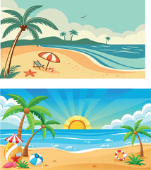 Obraz premium Tropical beach landscape showing palm trees, sun and ocean waves