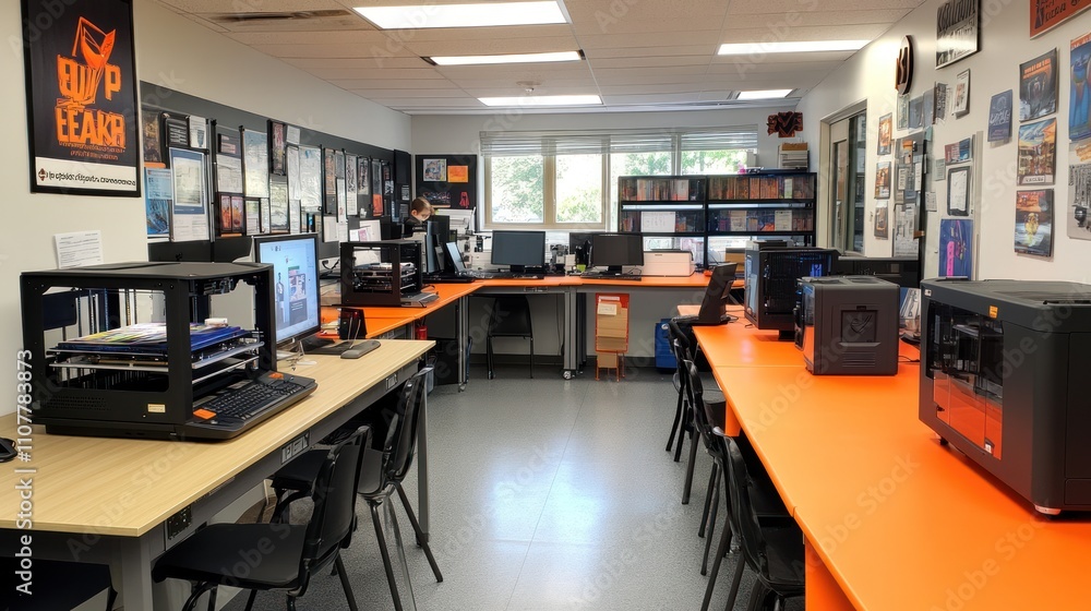 Poster modern makerspace classroom with 3d printers, computers, and design projects displayed on walls.
