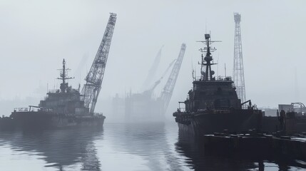 Fototapeta premium Foggy Harbor with Fishing Boats and Cranes