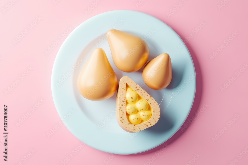 Poster three pear shaped chocolates and one open revealing yellow filling on a plate