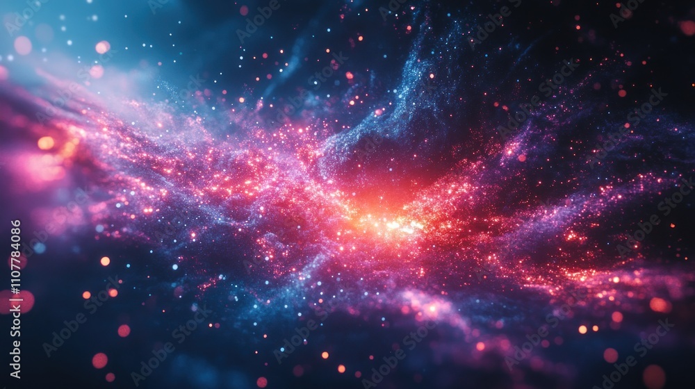 Poster abstract cosmic background with red and blue nebulae and sparkling particles.
