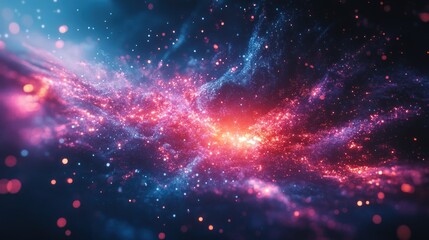 Fototapeta premium Abstract cosmic nebula with red and blue glowing particles.