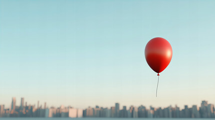 Fototapeta premium Red balloon floats serenely against a clear sky, symbolizing freedom above a distant city skyline