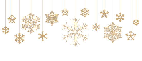 Vector illustration of delicate gold snowflakes hanging on a white background, ideal for elegant holiday and winter themes.