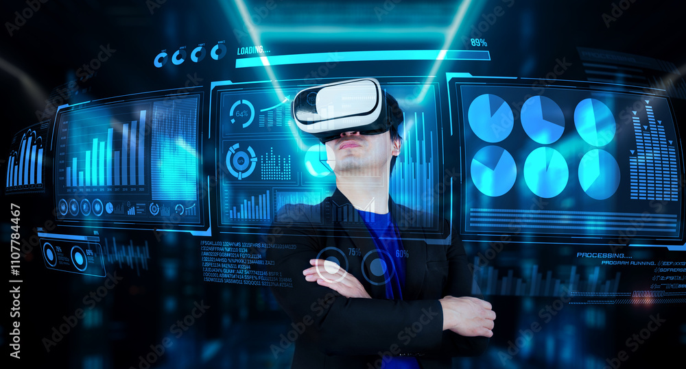 Poster businessman with headset standing at data center while analyzing financial data. manager looking mar