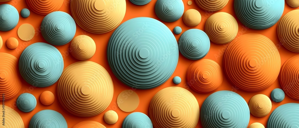 Poster an abstract composition featuring three-dimensional round shapes in varying sizes and colors, includ