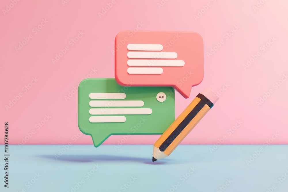 Poster 3d render of two speech bubbles and a pencil representing communication and writing