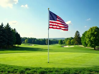 Fototapeta premium Golf Flag on Green, Flagpole on Fairway, American Flag on Golf Course, Elevated Golf Scene
