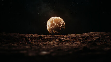 Earth glows softly as it rises above the surface of an alien landscape captured in a serene cosmic moment