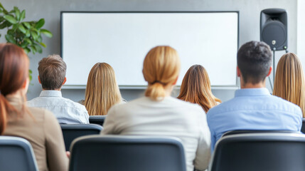 Engaged audience watching presentation in modern conference room. focus is on speaker and blank screen, creating atmosphere of anticipation and learning