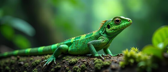 Fototapeta premium Green Basilisk Lizard, Boca Tapada, Tropical Rainforest, Stunning Wildlife Photography, AI Art, Nature, Reptiles, Wildlife, Exotic, Plumed Lizard, Depth of Field, Emerald Green, 