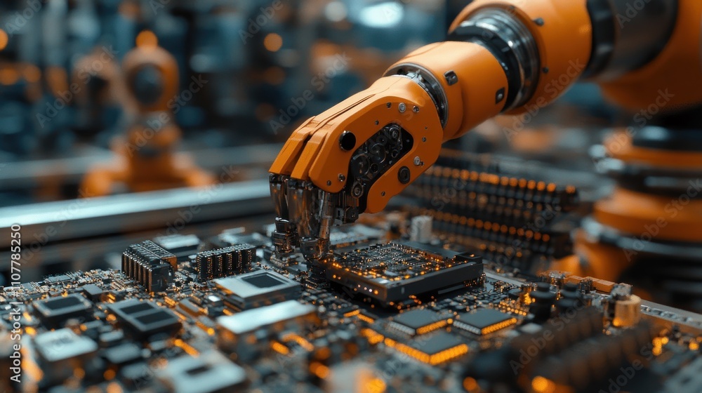 Aufkleber robotic arm assembling circuit board in factory.