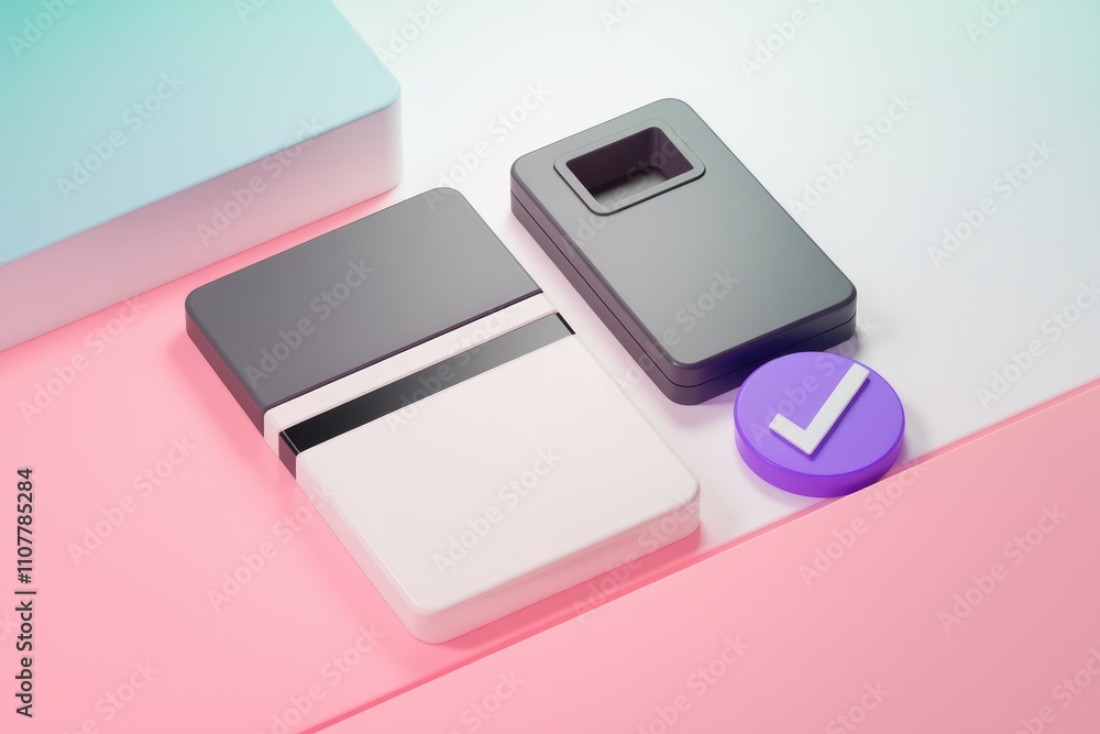 Poster 3D render of minimalist design elements  card  rectangle  checkmark  pastel colors